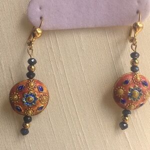 🟢Gold Tone Dangling/Drop Enamel Earrings With Lever Backs, Handcrafted